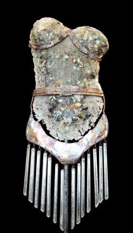 <h4>Joan of Arc</h4>
Mixed media. Glass and copper. Iron stand.

32in H x 13in W x 6in D