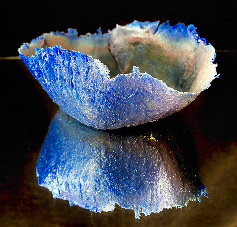 <h4>Blue bowl</h4>
Páte de Verre technique.

Made with glass powder.

7 in diameter