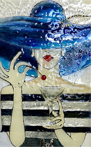 <h4>Martini Lady</h4>
Mixed media, 3D. Fused glass.

16in x 42in
